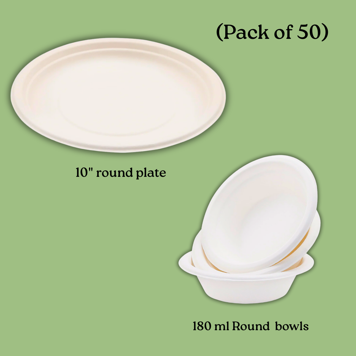 10 Inch Round Sugarcane Bagasse Plates + HARSHU 180ml Round Sugarcane Bagasse bowls (50 per pack)
