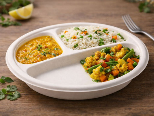 HARSHU 10 Inch Round 3 Compartment Sugarcane Bagasse Plates (25 per pack)