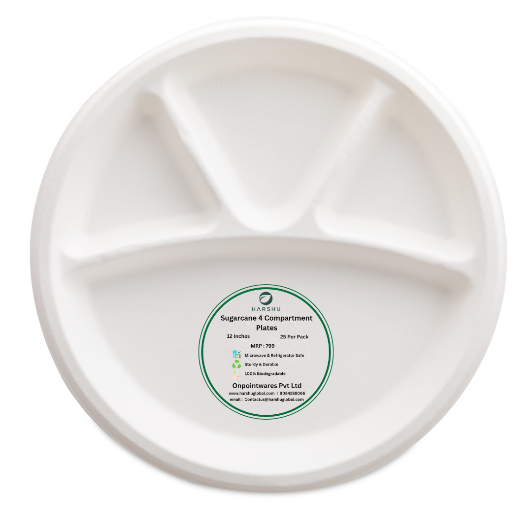 HARSHU 12 Inch  4 Compartment Sugarcane Bagasse Plates (25 per pack)