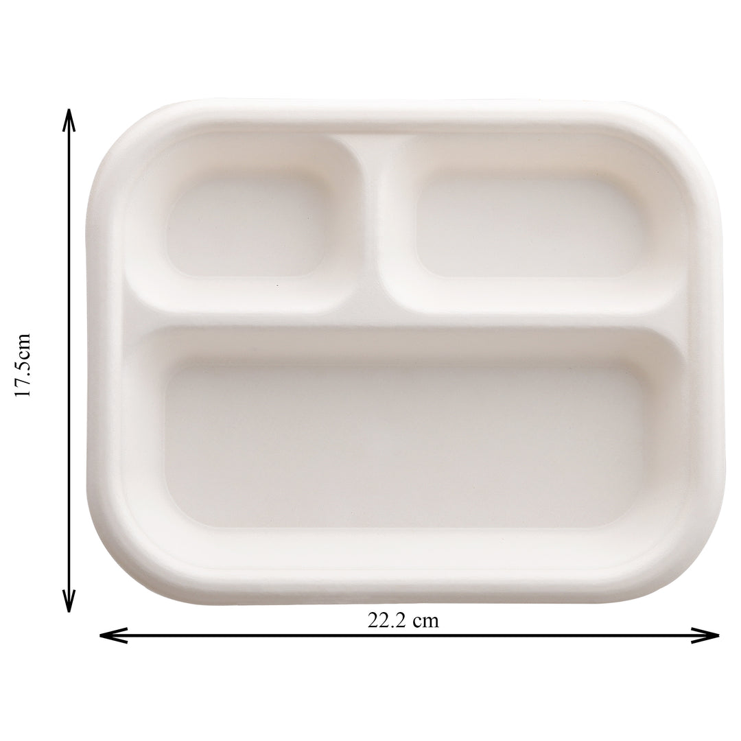 HARSHU 9 Inch Rectangular 3 Compartment Sugarcane Bagasse Plates (50 per pack)