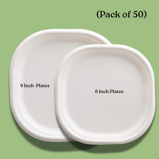 HARSHU 6 Inch + 9 Inch Square Sugarcane Bagasse Plates (50 per pack)