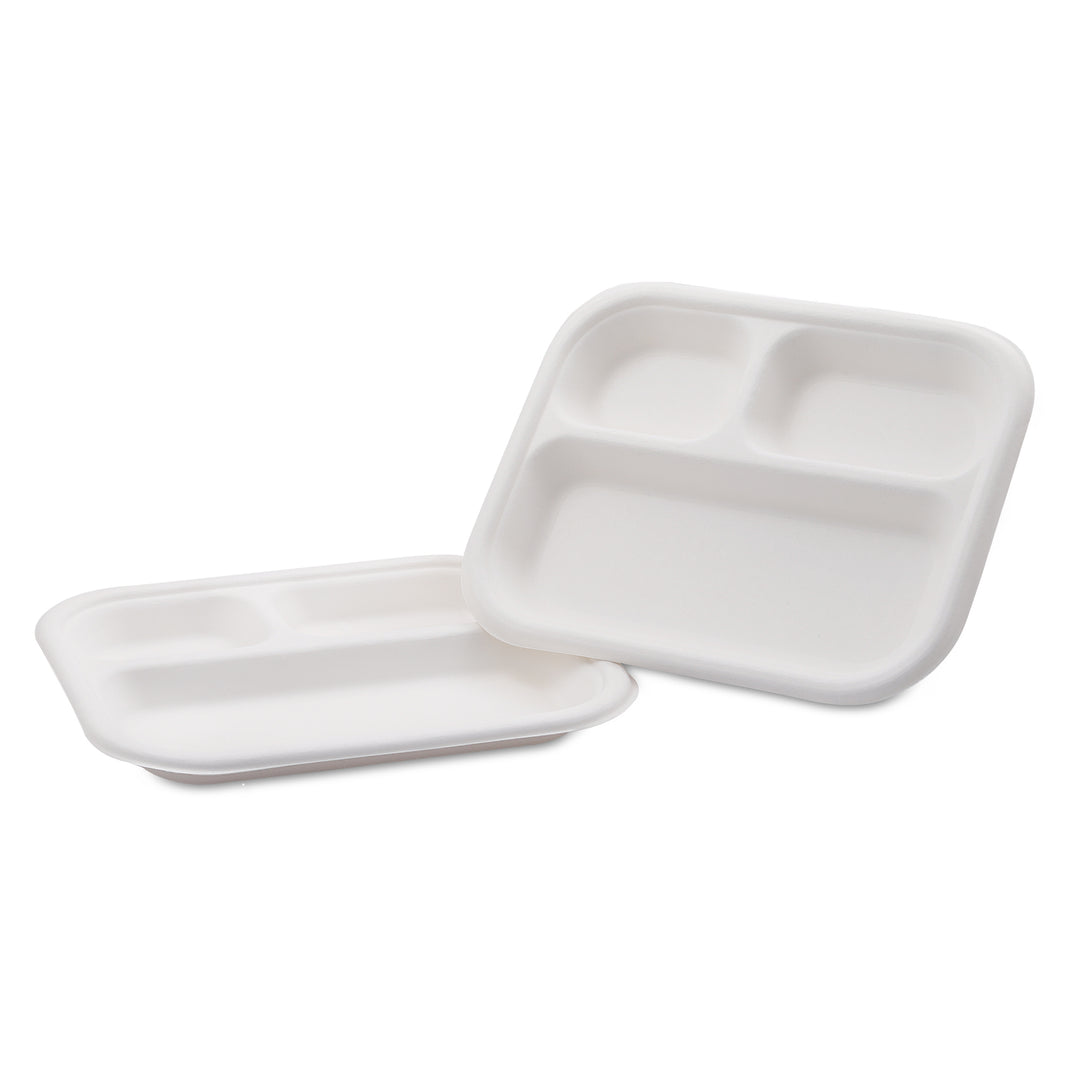 HARSHU 9 Inch Rectangular 3 Compartment Sugarcane Bagasse Plates (50 per pack)