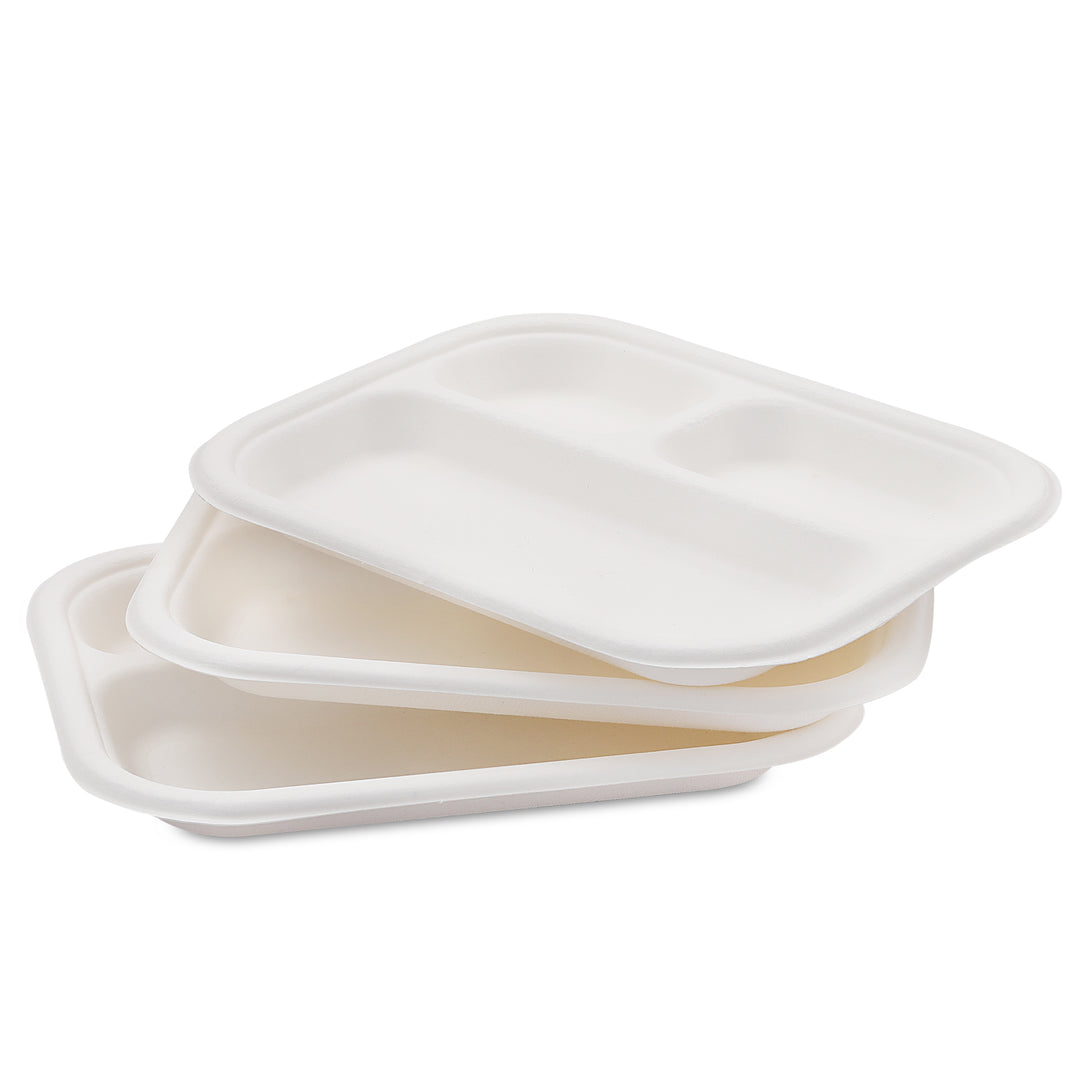 HARSHU 9 Inch Rectangular 3 Compartment Sugarcane Bagasse Plates (50 per pack)