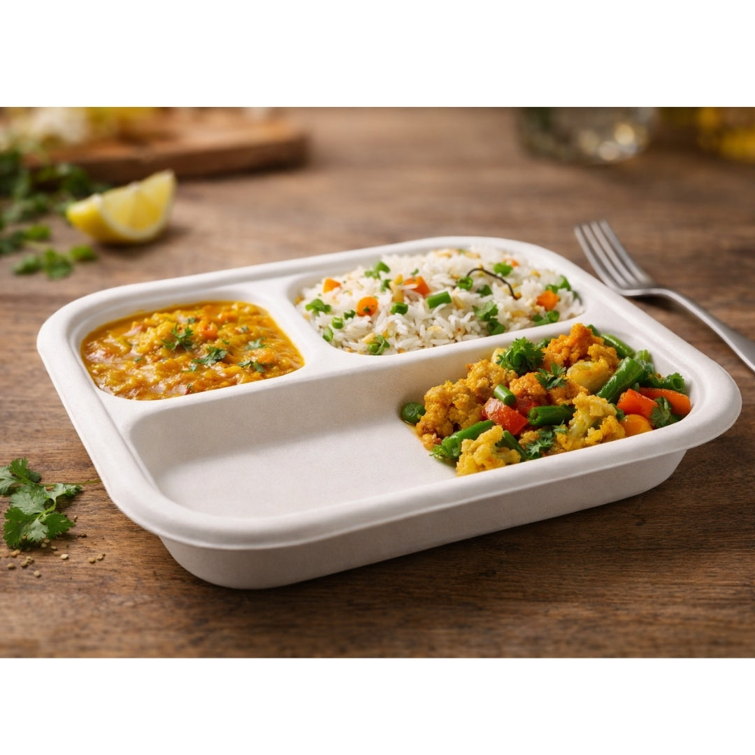 HARSHU 9 Inch Rectangular 3 Compartment Sugarcane Bagasse Plates (50 per pack)