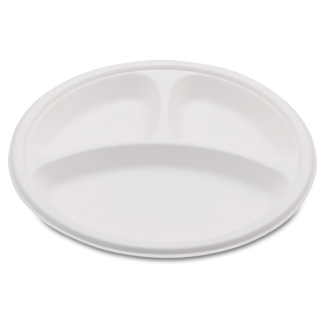 HARSHU 10 Inch Round 3 Compartment Sugarcane Bagasse Plates (25 per pack)