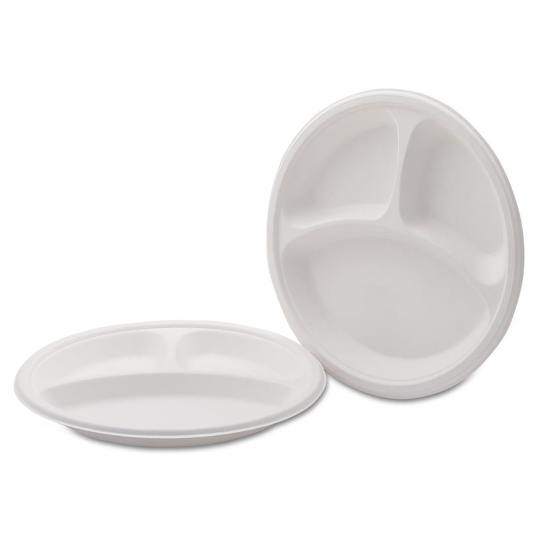 HARSHU 10 Inch Round 3 Compartment Sugarcane Bagasse Plates (25 per pack)