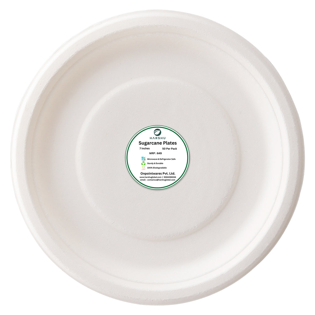 HARSHU 7 Inch Round Sugarcane Bagasse Plates (50 per pack)