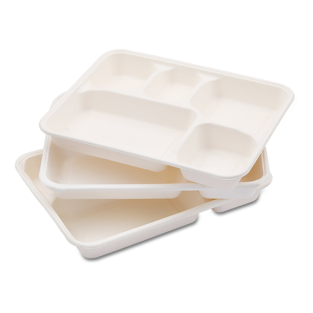 HARSHU 5 Compartment Sugarcane Bagasse Meal Tray (25 per pack)