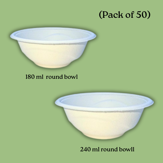 180ml + 240 ml Deep Round Sugarcane Bagasse bowls (50 per pack)
