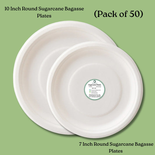 HARSHU 7 Inch + 10 Inch Round Sugarcane Bagasse Plates (50 per pack)