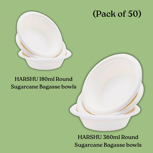 HARSHU 180ml + 360ml Round Sugarcane Bagasse bowls (50 per pack)